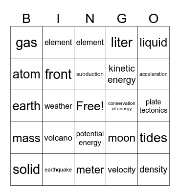 Science 7 Bingo Card