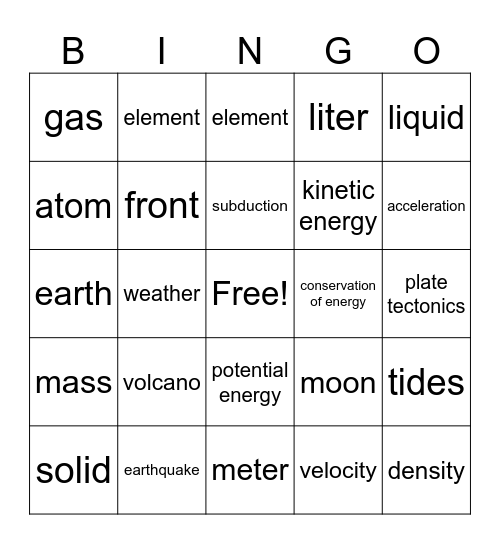 Science 7 Bingo Card