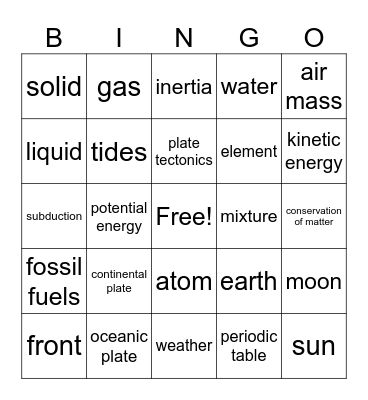 Science 7 Bingo Card