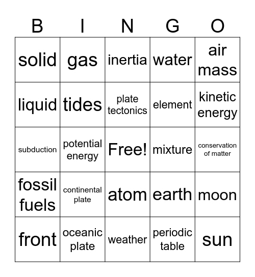 Science 7 Bingo Card