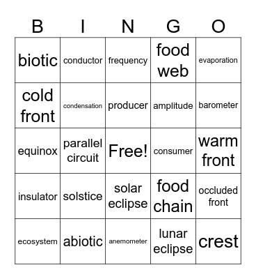 SCIENCE VOCABULARY Bingo Card