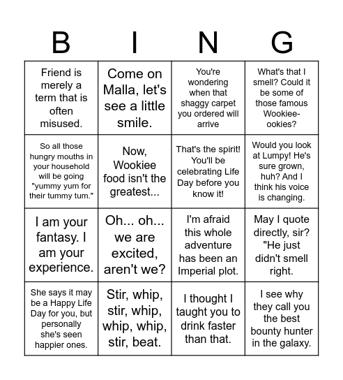 Star Wars Holiday Special Bingo Card