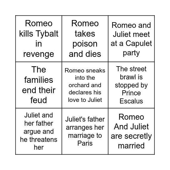 Romeo and Juliet Bingo Card