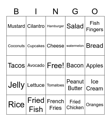 Common Foods Bingo Card