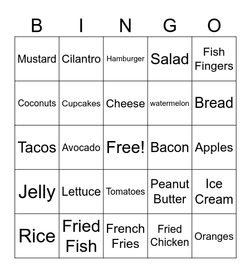 Common Foods Bingo Card