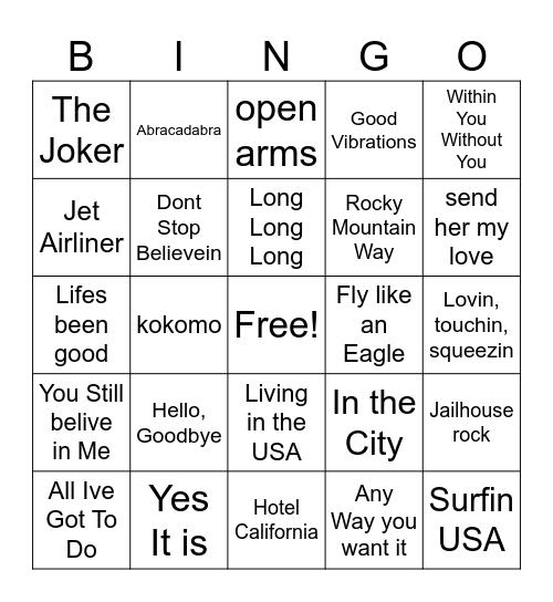 Beatles, Beachboys & Bingo Card