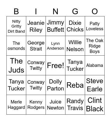 Country Artist Bingo Card