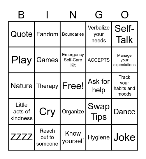 Self-Care Bingo Card