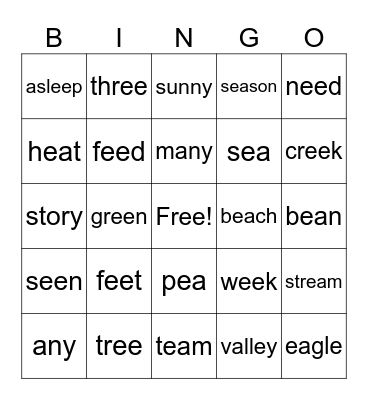 Long 'E' Sound Bingo Card
