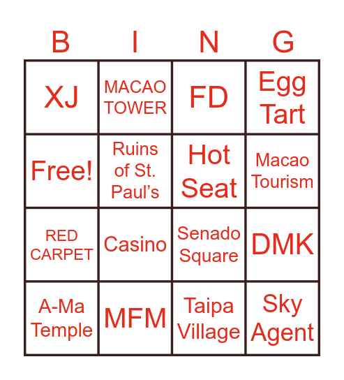AIRASIA FLY TO MACAO Bingo Card