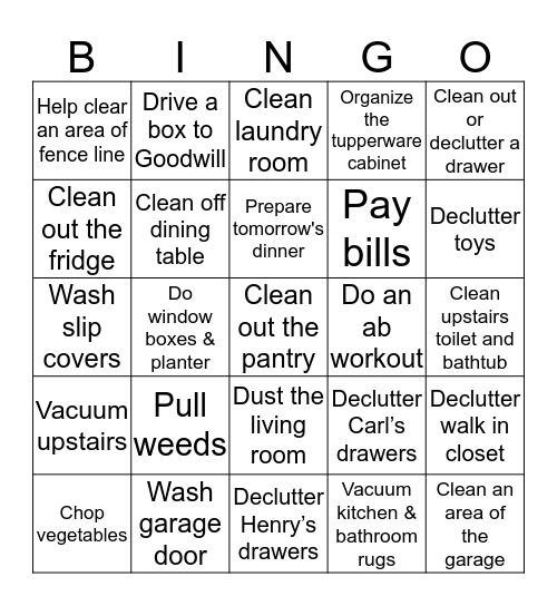 Summer Household Chores Bingo Card