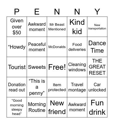Ryan Trahan Penny Movie Bingo Card
