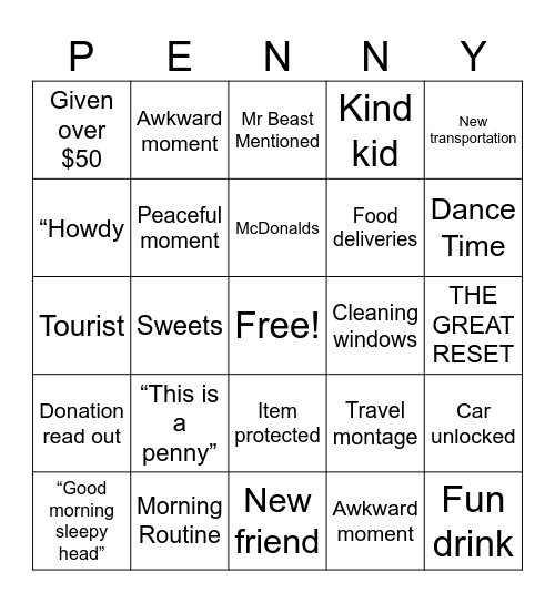 Ryan Trahan Penny Movie Bingo Card