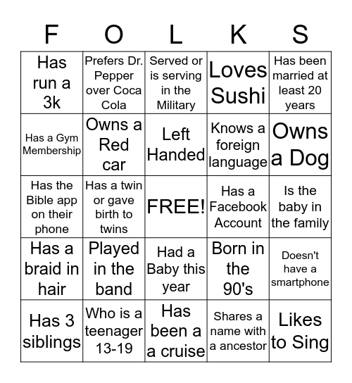 Family Reunion 2016 Bingo Card