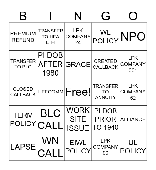 Premium Team Bingo Card