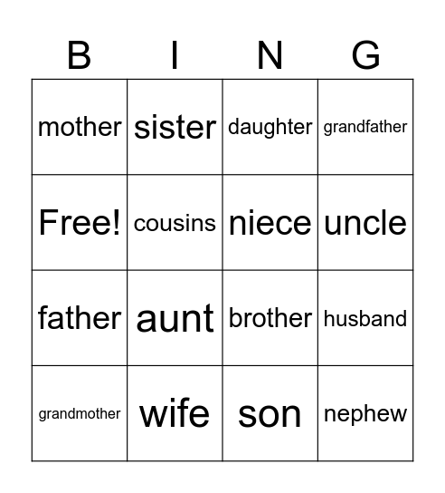 Family Vocab Bingo Card