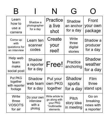 Internship Bingo Card