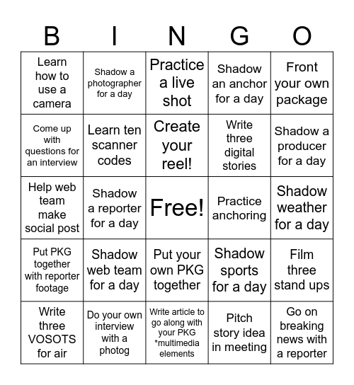 Internship Bingo Card