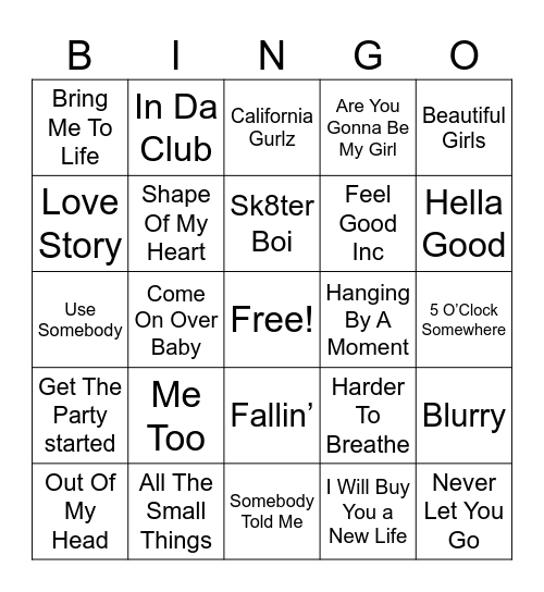 2000's Hit Mix Bingo Card