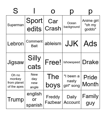 Slop Bingo Card