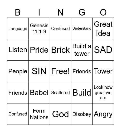 Tower of Babel Bingo Card