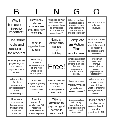 PH&S Resource Centre Bingo Card