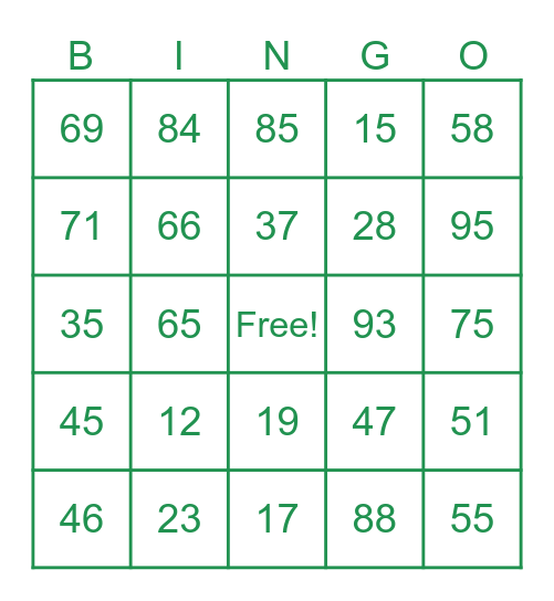 Number Bingo Card