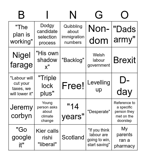 General Election 2024 Bingo Card