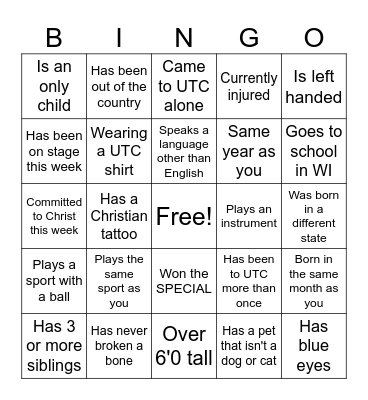 UTC Buddy Bingo Card