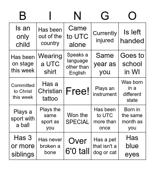 UTC Buddy Bingo Card