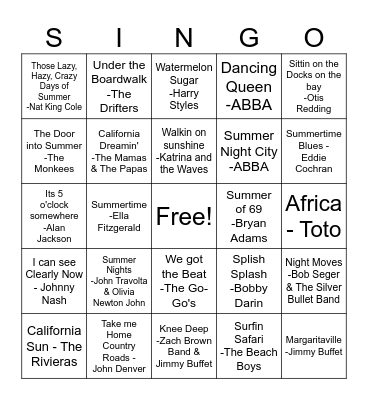 Summertime Singo Bingo Card
