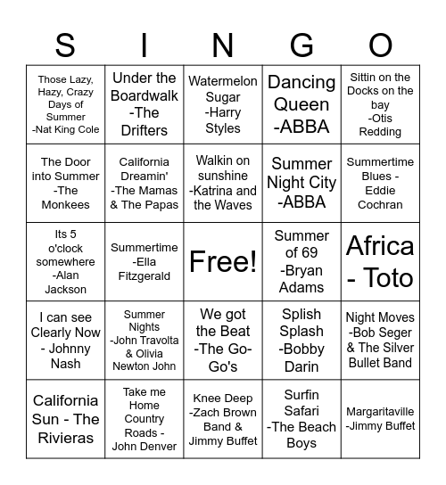 Summertime Singo Bingo Card