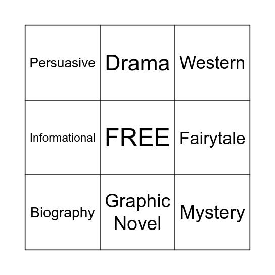 Book Genre Bingo Card