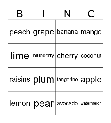 FRUITS Bingo Card