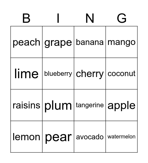 FRUITS Bingo Card