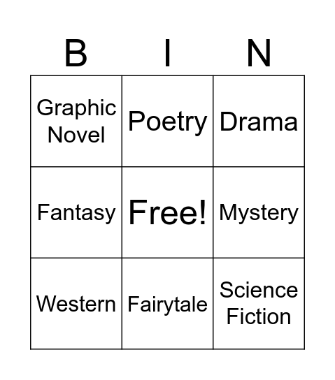 Book Genre Bingo Card