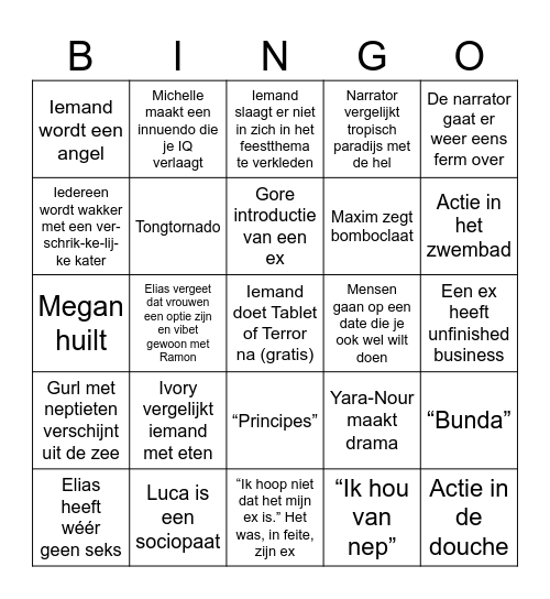 Ex on the beach bingo Card