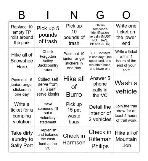 GGCSP Ranger Bingo Card