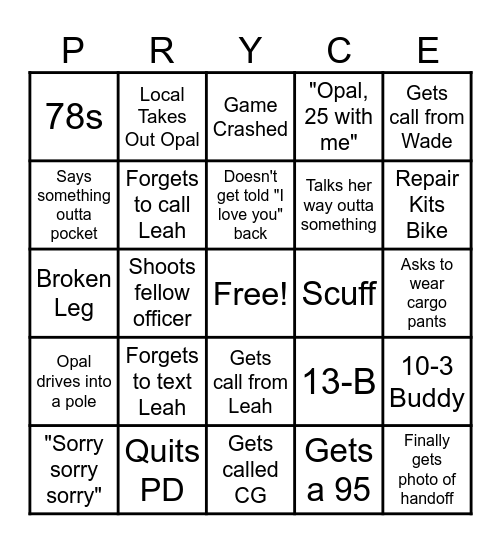 365 Deputy Opal Bingo Card