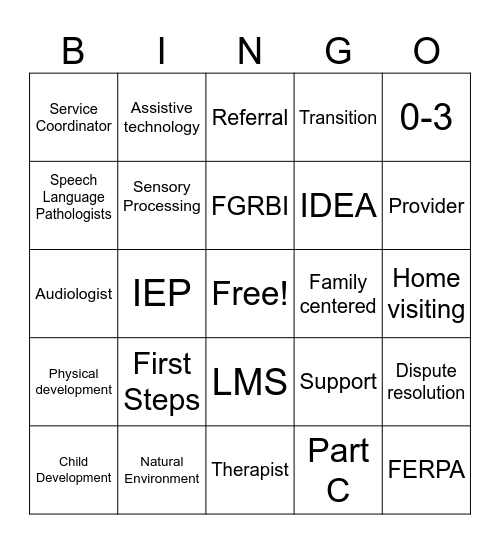 Early Intervention Bingo Card
