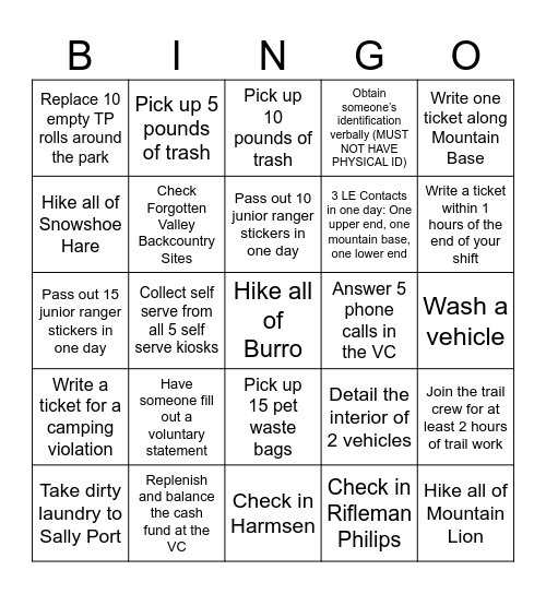 GGCSP Ranger Bingo Card