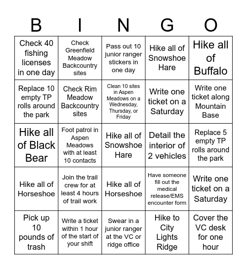 GGCSP Ranger Bingo Card