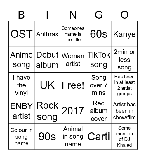Jamie Spotify Bingo Card