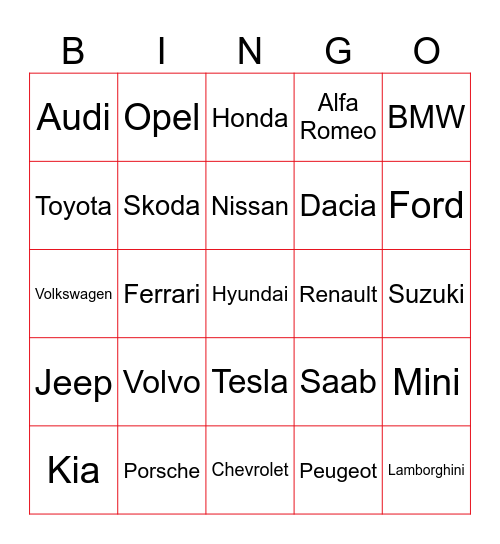 Car Bingo Card