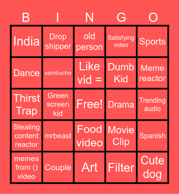 Youtube Shorts Bingo Card