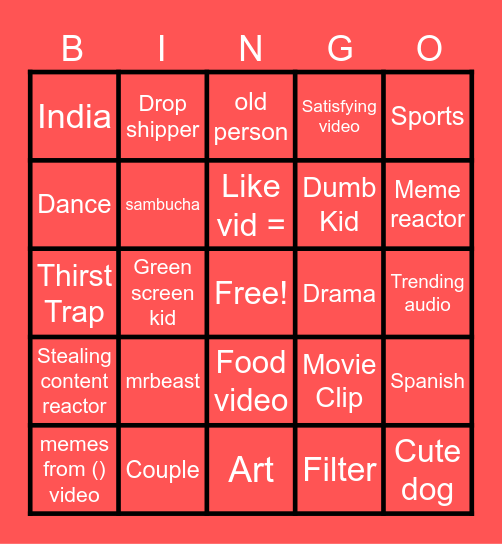 Youtube Shorts Bingo Card