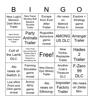 June Nintendo Direct Bingo Card