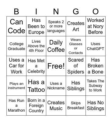 Nory Introduction Bingo Card