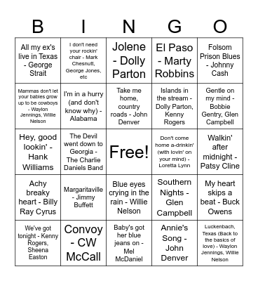 Country Classics Bingo Card