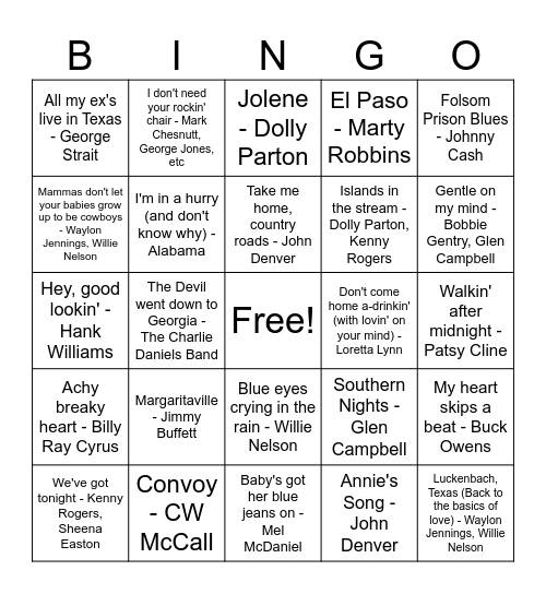 Country Classics Bingo Card